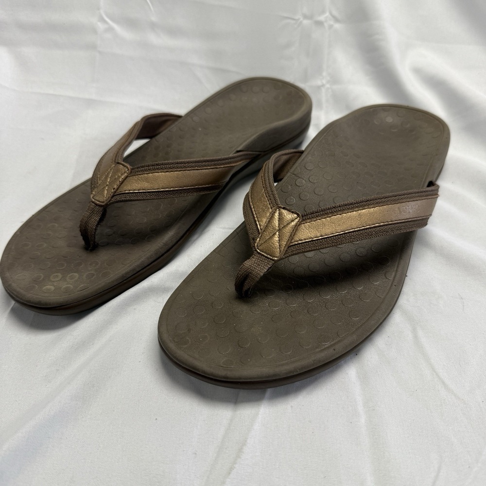Vionic Adult Womens Tide Size 10 Bronze Metallic Brown Leather Flip Flop Sandals